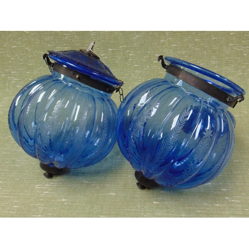 39 - Pair of blue glass light shades of ribbed form and having etched decoration, each 10