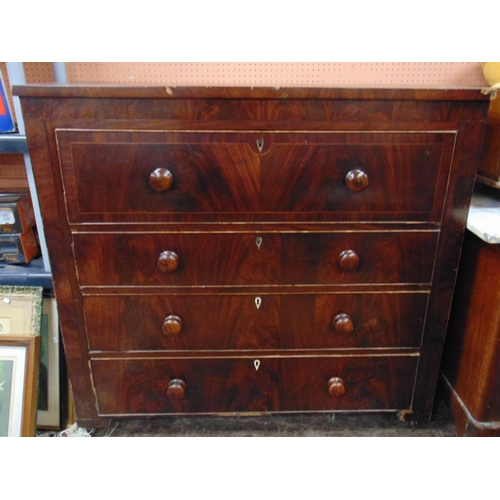 395 - Antique inlaid mahogany secretaire chest, fall front revealing a fitted interior, over three drawers... 