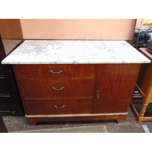 401 - Continental marble topped washstand,  having three long drawers and single cupboard door, set on bra... 