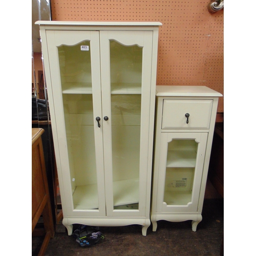 403 - Contemporary cream coloured two door display cabinet and a smaller example.