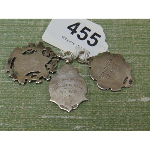 455 - Silver pendant, commemorating Wrexham Brewers challenge cup winners, 1949 and two other silver penda... 