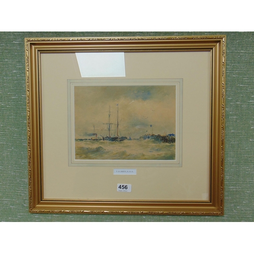 456 - Thomas Bush Hardy R.B,A 1842-1897,  framed and glazed watercolour - sailing ship and steam boat off ... 