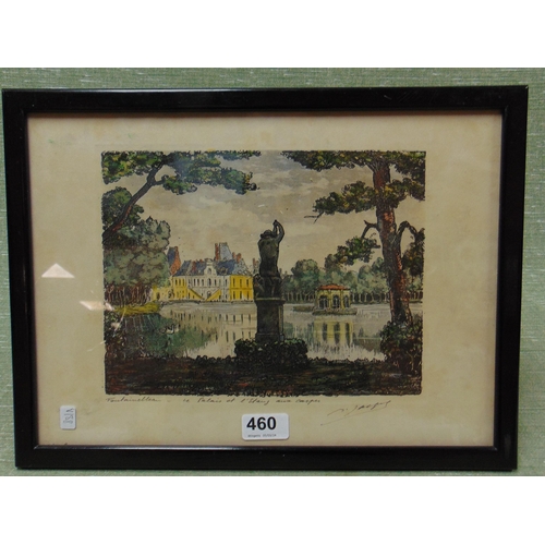 460 - Framed and glazed antique colour engraving, French scene, Fontain bleu, signed to mount. 7.5 x 10