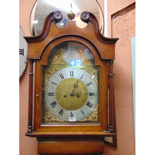 464 - Antique oak longcase clock, broken scroll pediment over brass and silvered dial, Roman numerals and ... 