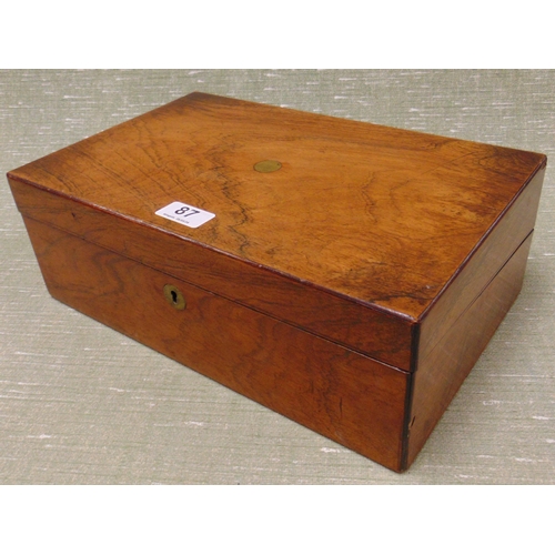 87 - Antique walnut writing box, having lift up lid, 3 x 13.5 x 8.5