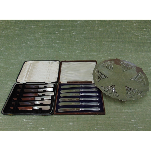 98 - Mappin & Webb comport, cased set of plated butter knives and one other set.