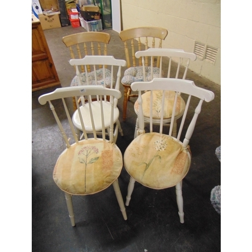 387 - Set of four painted stick back kitchen chairs, and two other chairs.