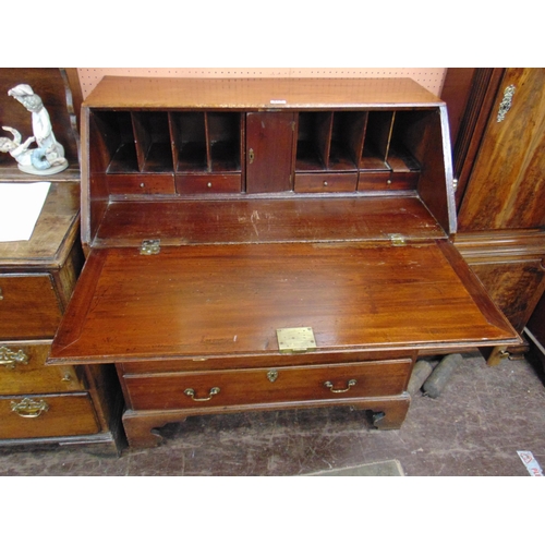 363 - George III mahogany bureau, fall front revealing a fitted interior, over four long graduated drawers... 