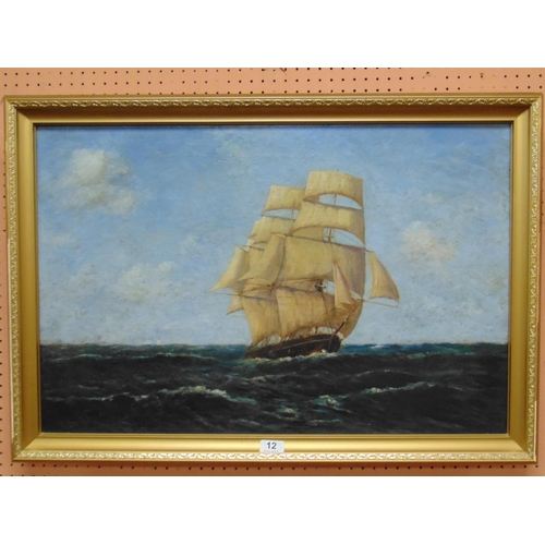 12 - N. Dawson, gilt framed oil painting on canvas, masted sailing vessel, signed lower left. 19 x 29.5