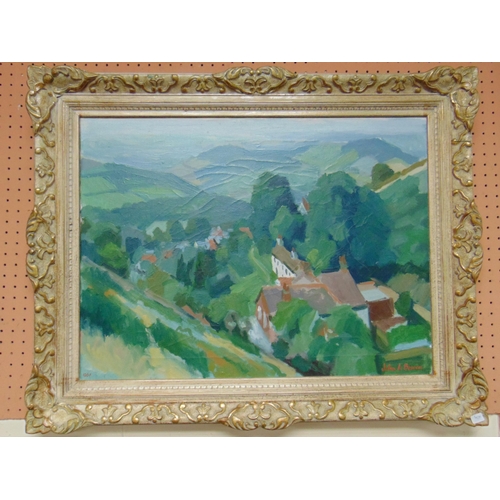 13 - John A Bowen, framed oil painting on canvas, 'West from the Malvern Hills', signed lower right. 17.5... 