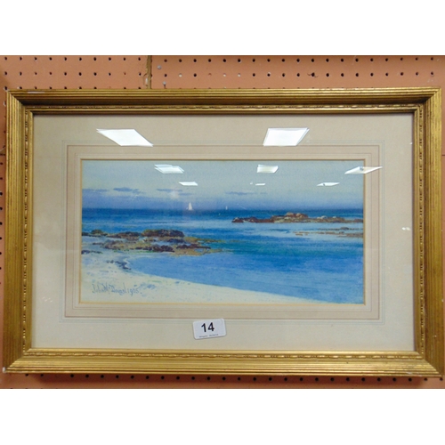 14 - John McDougal 1905, framed and glazed watercolour, shore scene with sailing vessels beyond, signed l... 