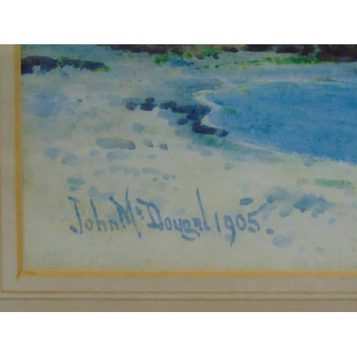 14 - John McDougal 1905, framed and glazed watercolour, shore scene with sailing vessels beyond, signed l... 