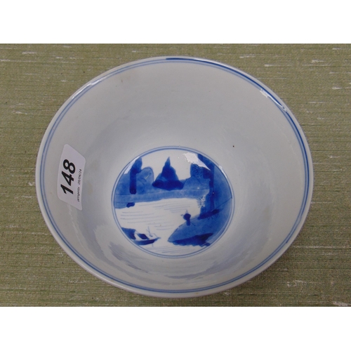 148 - Good oriental blue and white bowl, decorated with traditional figures and having six character marks... 