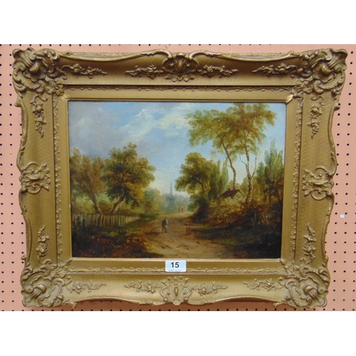 15 - Gilt framed oil painting on canvas, figures in a country lane, with church spire to background, 11 x... 