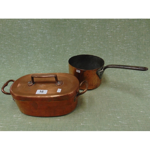 16 - Pereira copper lidded two handled stock pot, together with an antique steel handled copper saucepan.