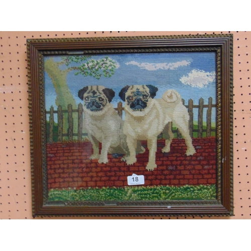 18 - Framed and glazed tapestry needlework, depicting two pug dogs. 13.5 x 15