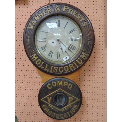 19 - Baird Clock Co, Vanner & Prest's Molliscorium  advertising clock, having Roman numerals. 31 x 18