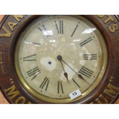 19 - Baird Clock Co, Vanner & Prest's Molliscorium  advertising clock, having Roman numerals. 31 x 18