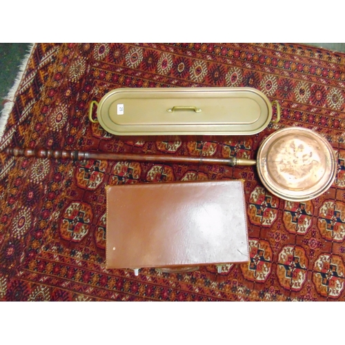 25 - Antique copper warming pan, small suitcase and a fish kettle. (3)