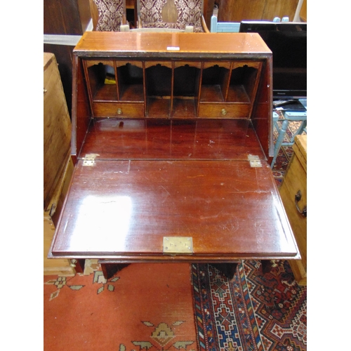 337 - Edwardian shell inlaid mahogany bureau, fall front revealing a fitted interior, three long graduated... 