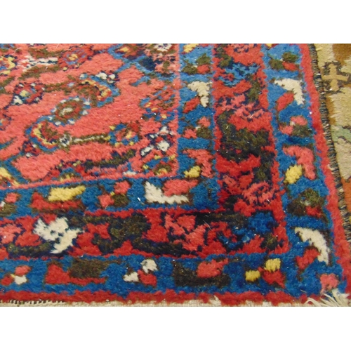 34 - Persian blue and pink ground runner, having geometric pattern. 117 x 33