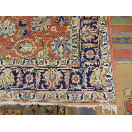 343 - Persian red and blue ground floral rug, having geometric pattern. 122 x 86