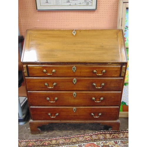 363 - George III mahogany bureau, fall front revealing a fitted interior, over four long graduated drawers... 