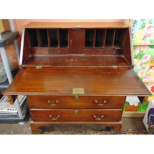 363 - George III mahogany bureau, fall front revealing a fitted interior, over four long graduated drawers... 