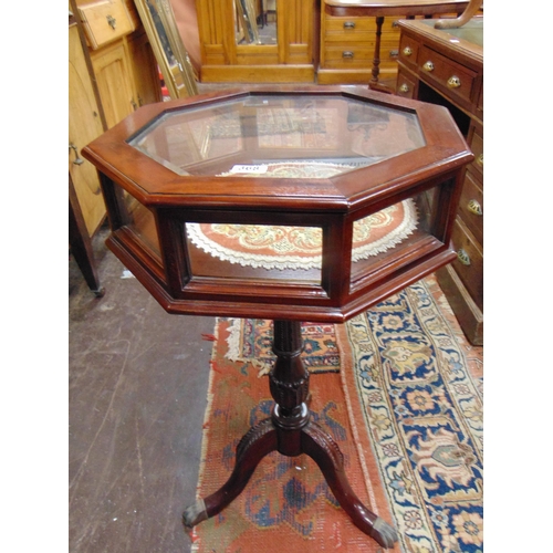 368 - Reproduction octagonal top bijouterie table, turned column and on down swept supports. 31