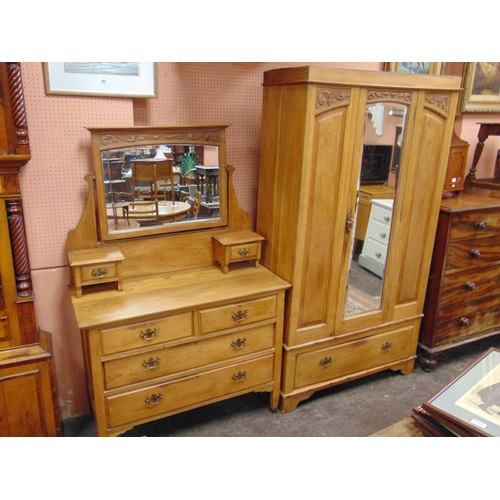 376 - Edwardian oak two piece bedroom suite, comprising  single door wardrobe and mirror back dressing tab... 