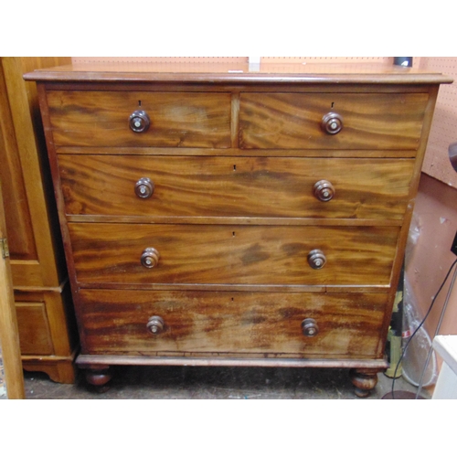 378 - Antique mahogany chest of two short and three long drawers with knob handles and on turned supports.... 