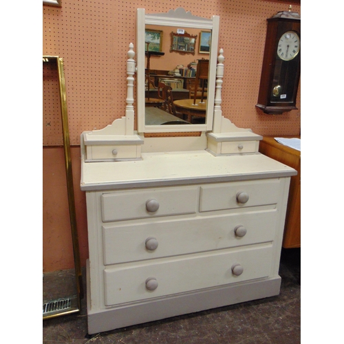 379 - Painted mirror back dressing table, having two short and two long drawers with knob handles, 60 x 41... 