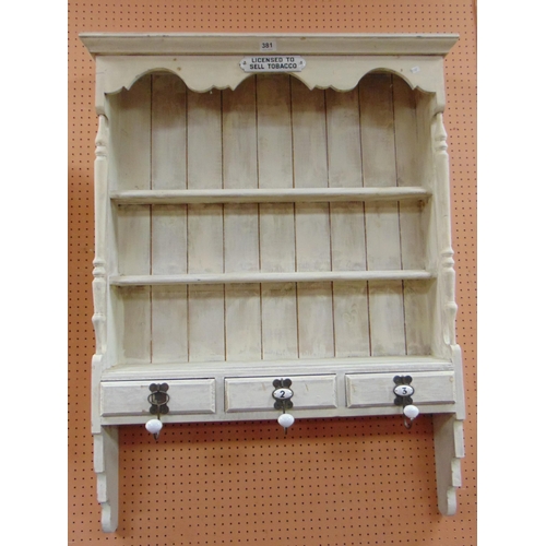 381 - Painted wall rack, having three drawers to base. 43 x 34 x 7