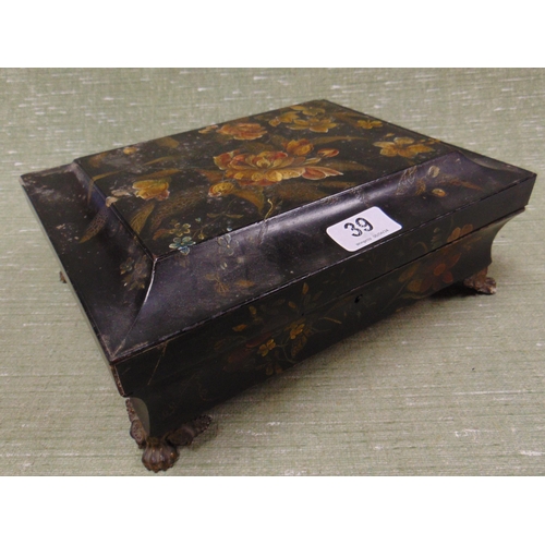 39 - Antique lacquered trinket box, floral decoration, lift up lid, fitted interior, on pad feet.