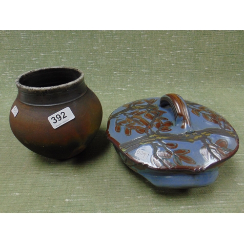 392 - Studio pottery lidded bowl and a vase.