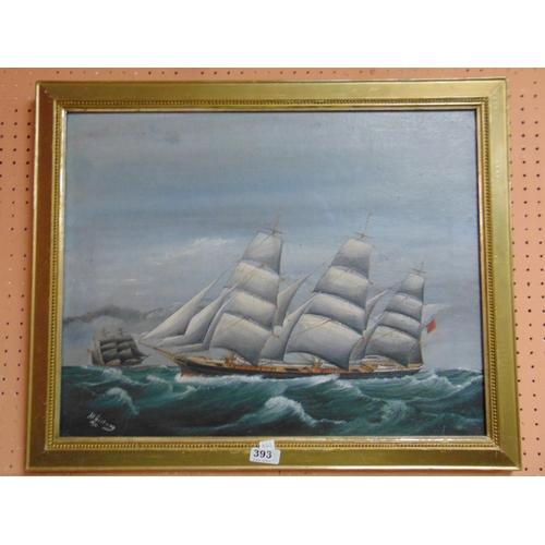 393 - J H Eastway, 1891, gilt framed oil painting on canvas, three masted sailing vessel on stormy seas, s... 