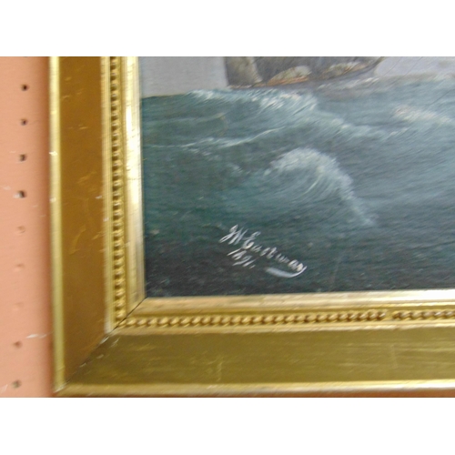 393 - J H Eastway, 1891, gilt framed oil painting on canvas, three masted sailing vessel on stormy seas, s... 