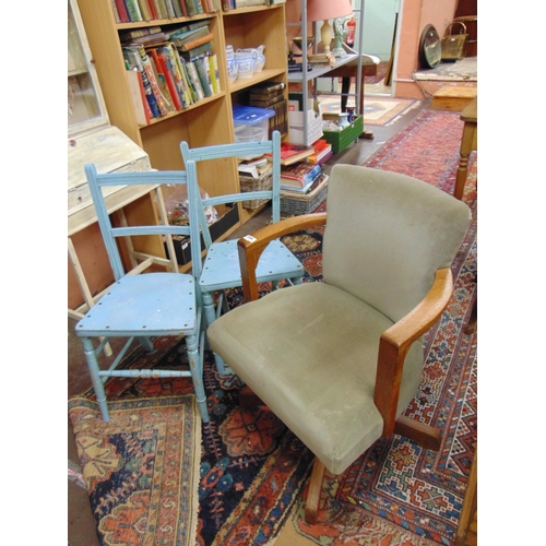 398 - An oak framed office swivel chair and two painted bedroom chairs.