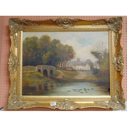 401 - C.W. Oswald, gilt framed oil on canvas, figure fishing, signed lower right . 18 x 23