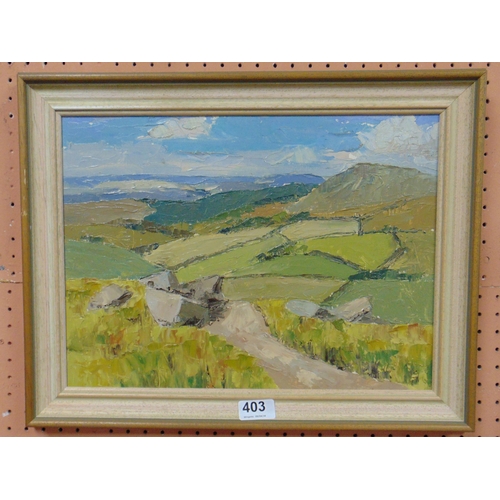 403 - Framed oil painting on board, mountainous scene. 11 x 15