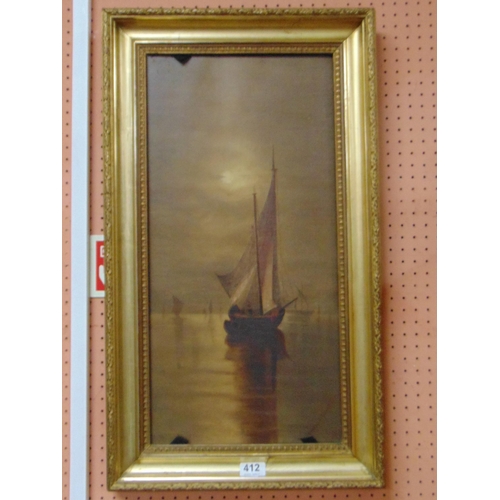 412 - Gladys J. Penniston, 1915, framed oil on canvas, sailing vessel, signed lower right, 23 x 11