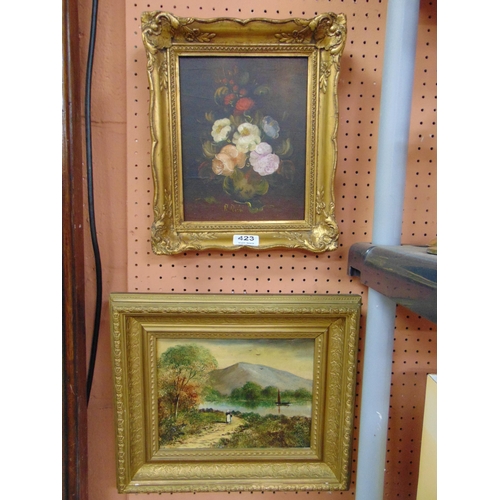 423 - Gilt framed oil on board, still life of flowers and one other oil painting. (2)