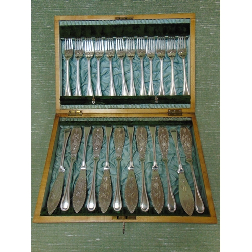 44 - Cased Mappin and Webb plated set of fish knives and forks, having engraved decoration.