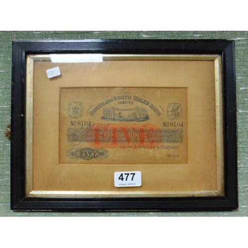 477 - Framed and glazed North & South Wales bank Limited part issued £5, serial number 7707.