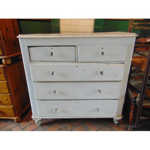 432 - Victorian painted pine chest of two short and three long drawers with glass handles and on turned su... 