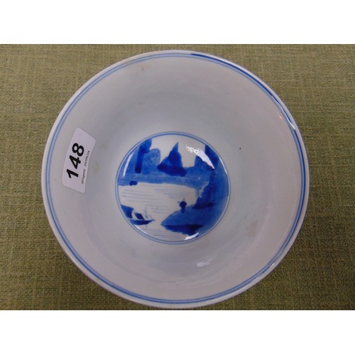 148 - Good oriental blue and white bowl, decorated with traditional figures and having six character marks... 