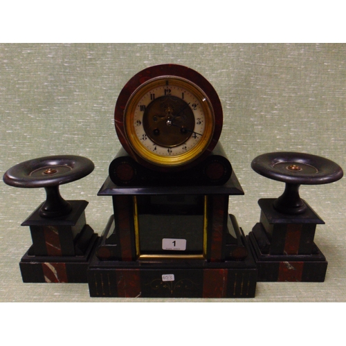 1 - Art deco marble three piece clock garniture.