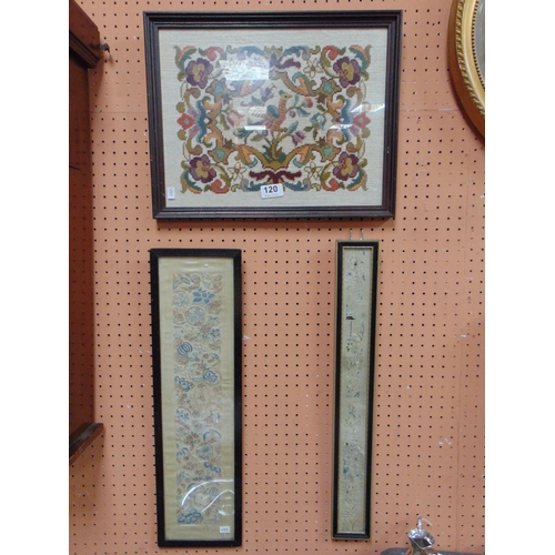 120 - Two framed and glazed Chinese embroideries, together with a framed and glazed needlework.