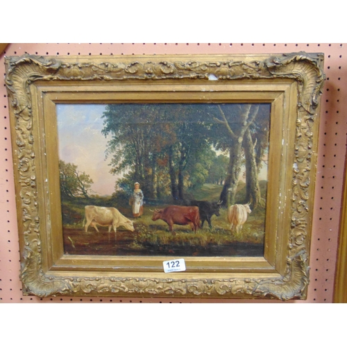 122 - Gilt framed oil painting on canvas, lady with cattle. 10 x 14