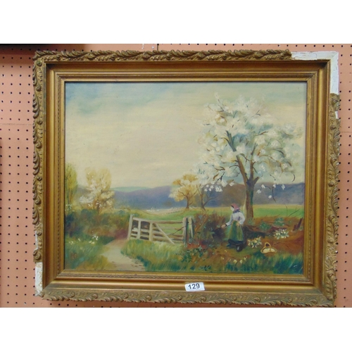 129 - Monogrammed P.B, framed oil painting  on canvas, lady by a gate, 15.5 x 19.5